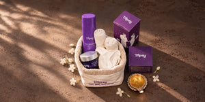 Dipsy Thala Diwali Hamper: Teja Mandara cleanser and Malli Malli moisturizer in a woven basket with face towels, makeup pads and a brass diya